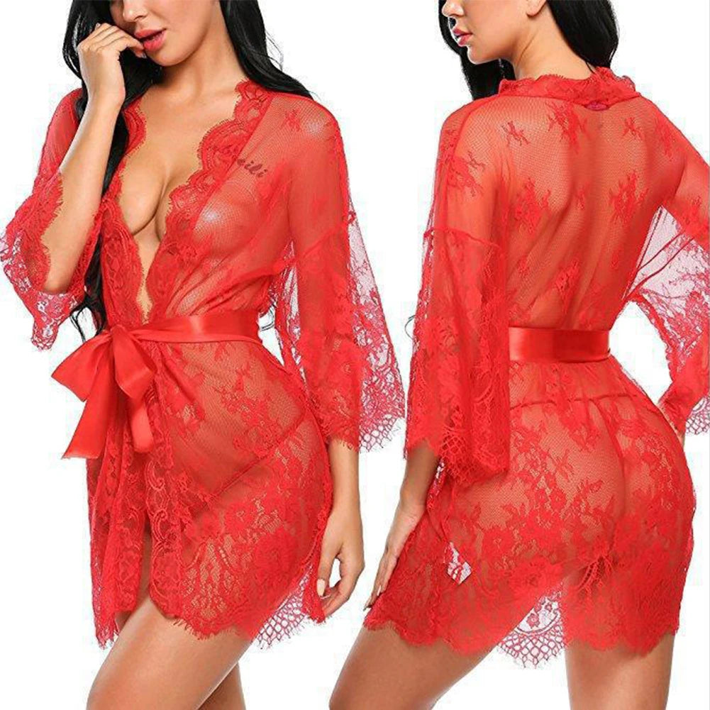 Sexy Lingerie Lace Nightgown Sleepwear Dress Robe Kimono for Women's Nightwear Collection with Adjustable Straps