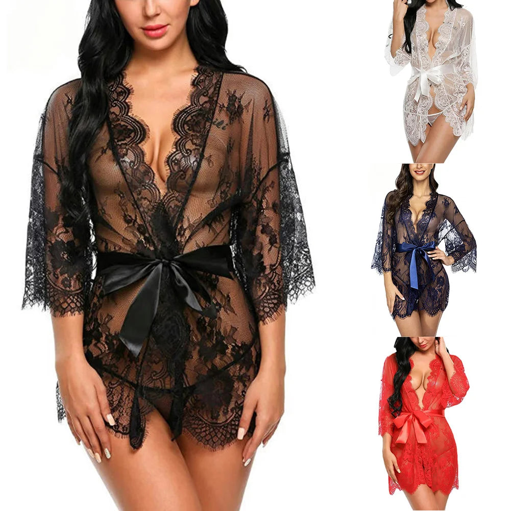 Sexy Lingerie Lace Nightgown Sleepwear Dress Robe Kimono for Women's Nightwear Collection with Adjustable Straps