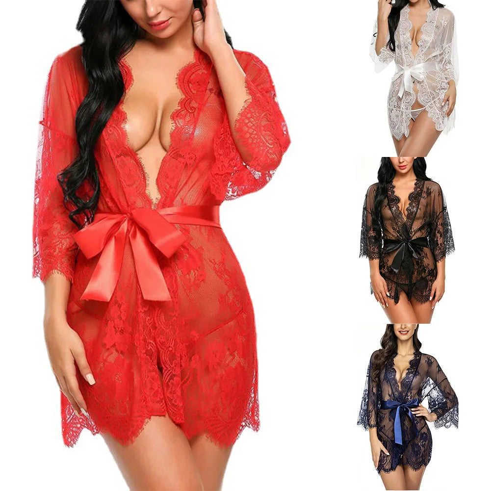 Sexy Lingerie Lace Nightgown Sleepwear Dress Robe Kimono for Women's Nightwear Collection with Adjustable Straps