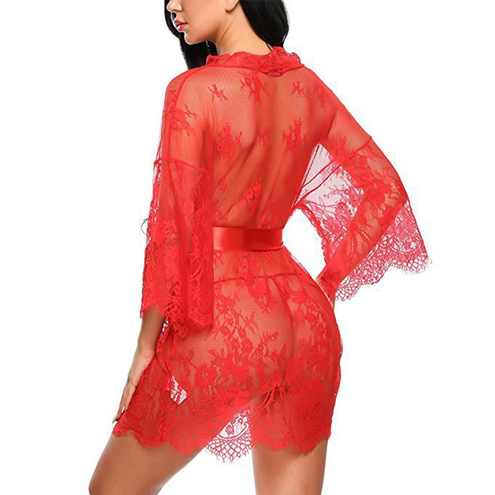 Sexy Lingerie Lace Nightgown Sleepwear Dress Robe Kimono for Women's Nightwear Collection with Adjustable Straps