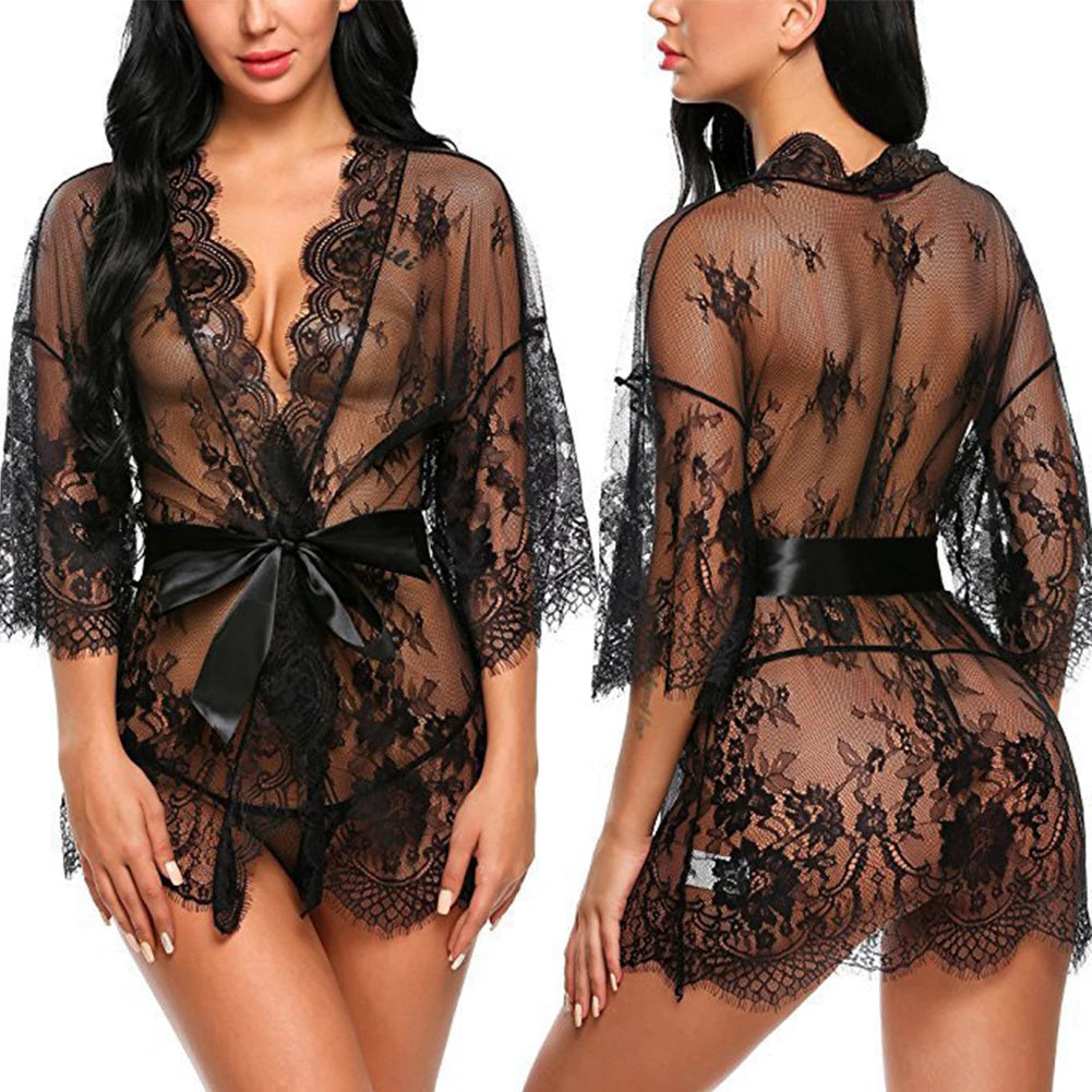 Sexy Lingerie Lace Nightgown Sleepwear Dress Robe Kimono for Women's Nightwear Collection with Adjustable Straps